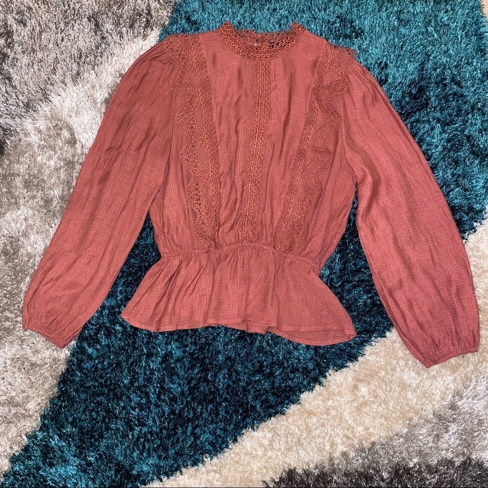 Iris | Coral/ Rust crocheted lace long sleeve blouse top | M